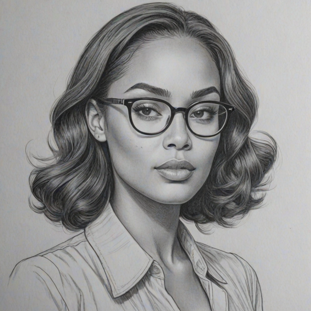 Graceful Lauren London, pencil sketch, portrait of Ravishing woman 1948s in glasses, hair style beatnik, outline, clear lines, fine lines, 8k