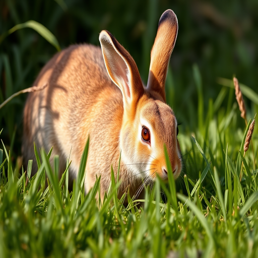 A brown rabbit foraging in lush green grass, captured with a Canon EOS 90D, 50mm lens, f/2.8 aperture, 1/250 sec shutter speed, ISO 200, with a shallow depth of field and natural lighting for enhanced detail and vibrancy.