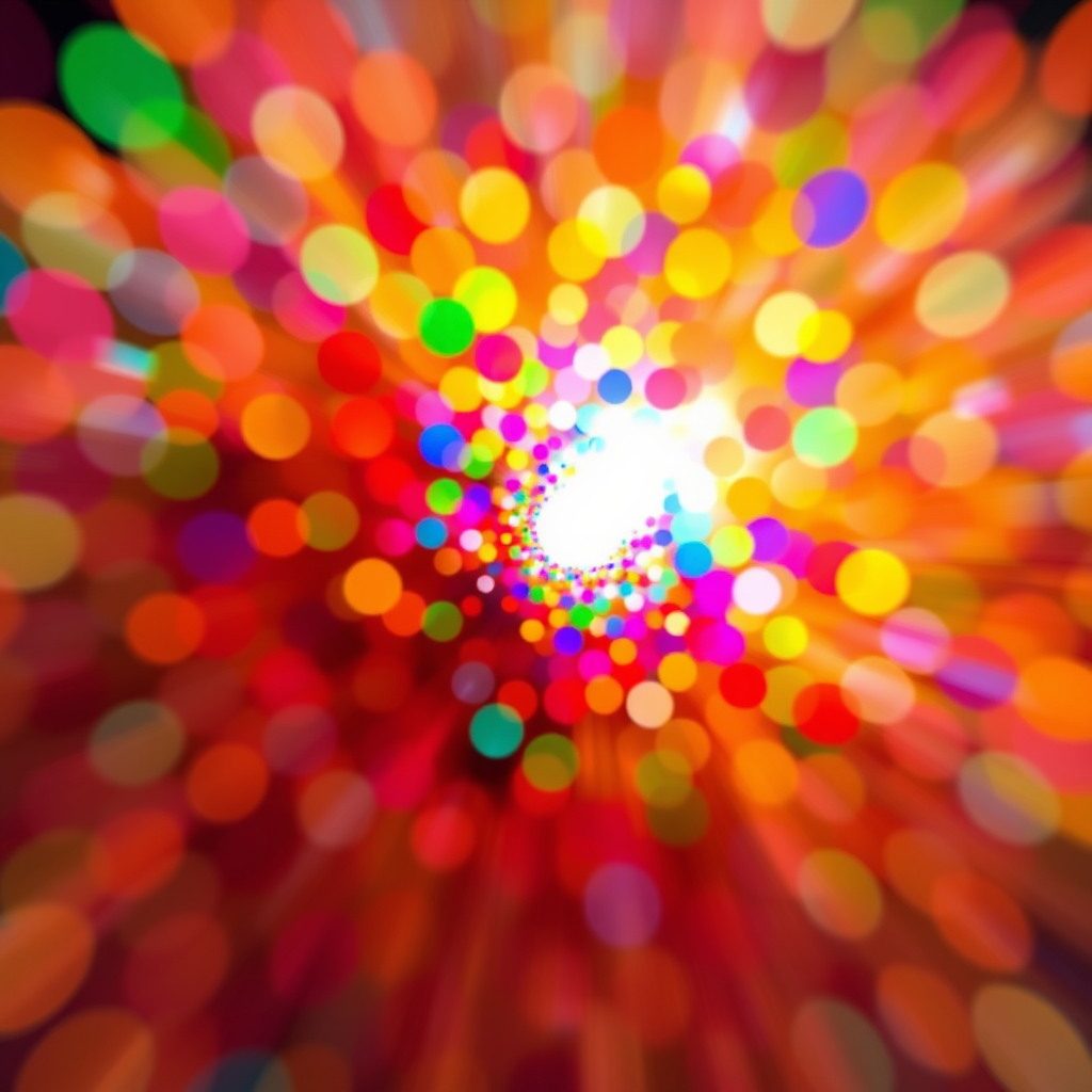 Create a vibrant abstract image with a burst of colorful circles radiating from a bright center, using a wide-angle lens at f/8, 1/60s shutter speed, ISO 200, in a digital art style with a high-resolution output.