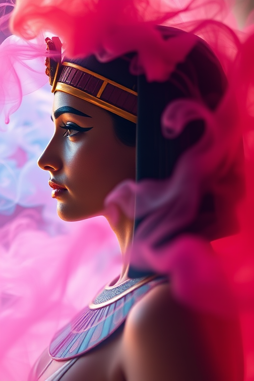 Generate a portrait of an ancient Egyptian queen in profile, surrounded by a colorful smoke effect, using a Canon EOS R5 with a 50mm f/1.2 lens at ISO 100, aperture f/1.2, shutter speed 1/200s, with soft natural lighting and a shallow depth of field.