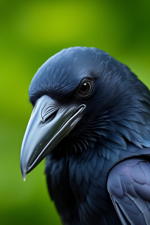 A close-up shot of a raven with a blurred green background, using a DSLR camera with a 50mm lens, aperture set to f/2.8 for shallow depth of field, shutter speed 1/200s, ISO 400, natural light for enhanced detail and vibrancy.