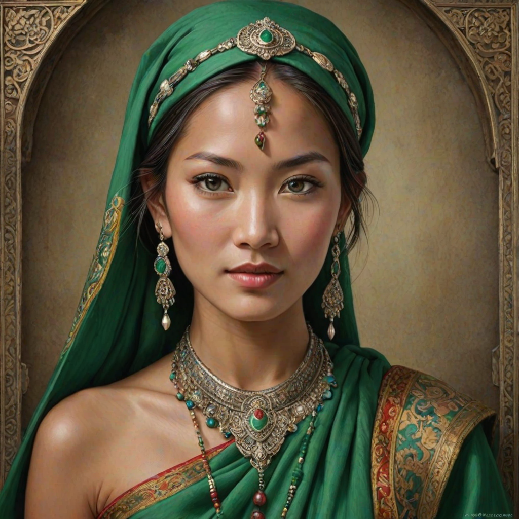 Create a portrait of a beautiful Tibetan woman with striking green eyes and a gentle expression. She is adorned in traditional attire with intricate patterns, including a richly embroidered headscarf and matching garments. Her jewelry includes a delicate headpiece, dangling earrings, and ornate bracelets, all featuring vibrant gemstones and detailed metalwork. The background is soft and warm, enhancing the rich colors of her outfit and jewelry.