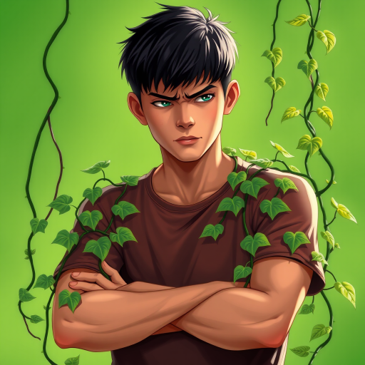 Create a digital illustration of a young man with short black hair standing with arms crossed, looking contemplative with a frustrated expression, intertwined with green vines on a vibrant green background, using a soft focus effect, focal length of 50mm, aperture set to f/2.8, and a high dynamic range photography style.