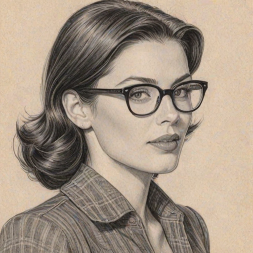 Resplendent Jessica Pare, pencil sketch, portrait of Beauteous woman 1947s in glasses, hair style beatnik, outline, clear lines, fine lines, 8k