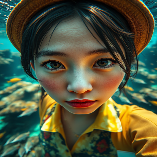 Realistic selfie image of a Asian, wearing a vintage outfit, detailed dreamy eyes, droopy hooded eyes, staring at the camera, taken underwater at coral reef with a sunbeam filtering through the water, vibrant, summer vacation, natural lighting, turtle and school of tropical fish with vibrant colors, rendered in the style of CryEngine, Pegi Nicol MacLeod, with realistic genre scenes, hauntingly beautiful narratives, ultra-realism, and Thomas Saliot's close-up technique, 8K resolution, crystal clear and sparkling water.