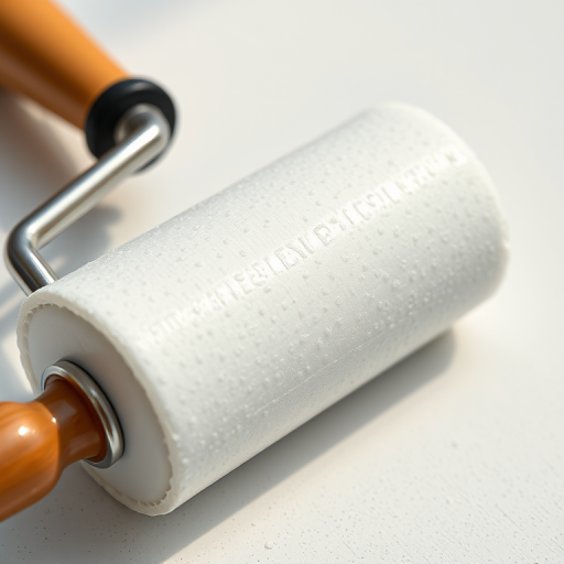 Create a high-resolution image of a paint roller with a shiny finish, close-up view, using a DSLR camera with a 50mm lens, f/2.8 aperture, ISO 100, and natural lighting to emphasize texture and detail.