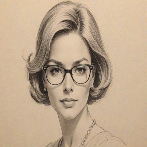 Delightful Cristina Milian, pencil sketch, portrait of Graceful woman 1968s in glasses, hair style beatnik, outline, clear lines, fine lines, 8k