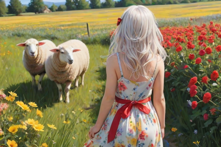 masterpiece, best quality, 1girl, white hair, long hair, messy hair, ribbon, outdoors, sheep horns, blue eyes, yellow sundress, flowers, colorful flowers, red flowers, blue flowers, field, from behind, looking back, smile, blush, closed mouth, mature female,