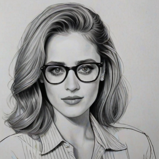Elegant Carly Chaikin, pencil sketch, portrait of Radiant woman 1944s in glasses, hair style beatnik, outline, clear lines, fine lines, 8k