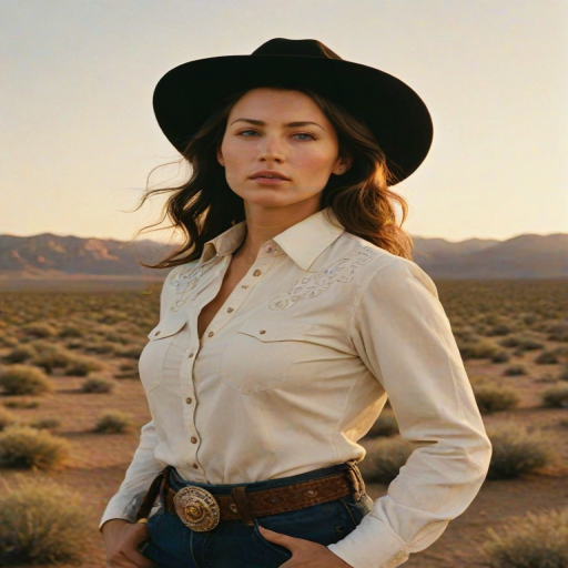 Dramatic photo of a beautiful Western American woman, classic cowboy attire, confident and free spirit expression, half-length portrait, centered, golden hour desert landscape, warm, diffused light, low angle, medium format film camera, in style of Annie Leibovitz.