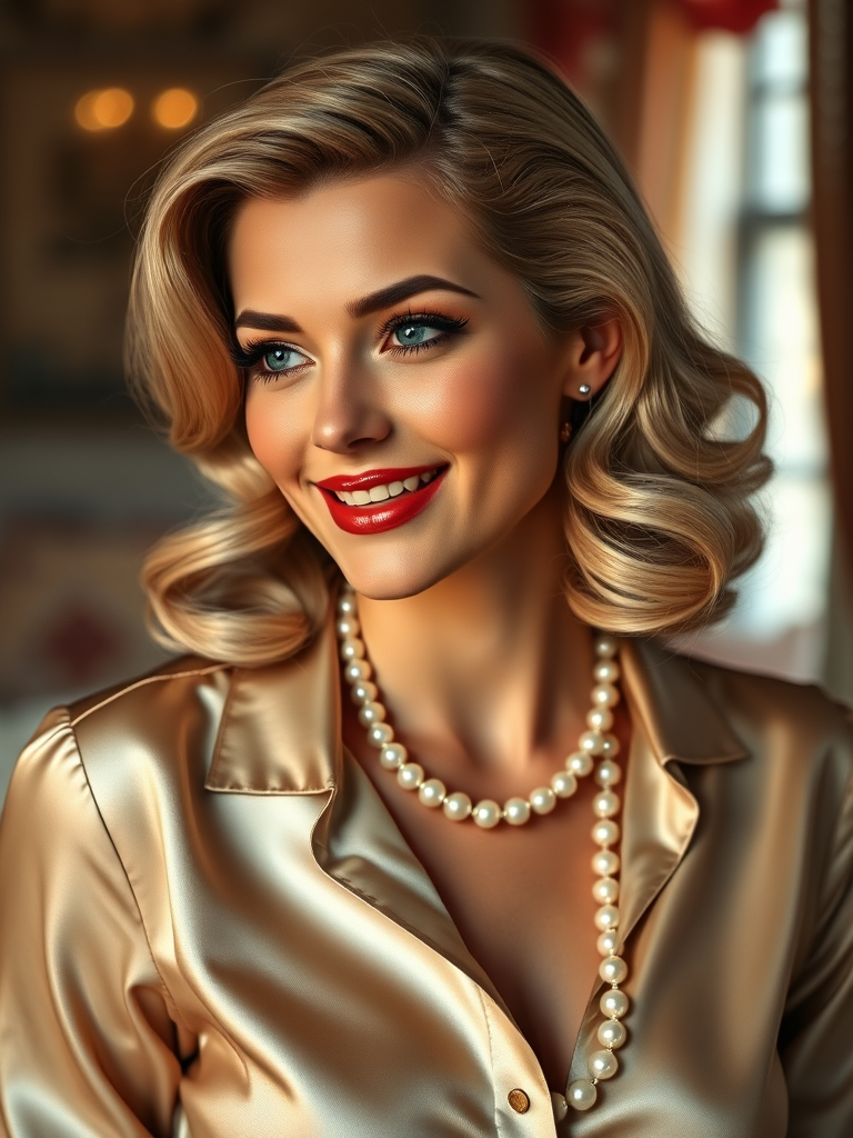 A beautiful Romani woman reminiscent of 1950s Hollywood glamour, with perfectly styled blonde hair and a seductive smile, dressed in a satin blouse and adorned with pearls, soft and warm tones, photorealistic, 8K