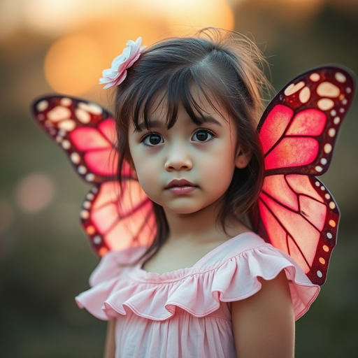 portrait of a young girl with butterfly wings in a pastel pink dress, soft focus background, natural lighting, f/1.8 aperture, 85mm lens, professional DSLR camera, golden hour lighting