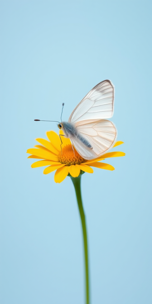 macro shot of a white butterfly perched on a vibrant yellow daisy flower against a soft light blue background, aperture f/2.8, shutter speed 1/250 sec, ISO 100, 50mm lens, natural lighting, DSLR camera, focus on butterfly with shallow depth of field