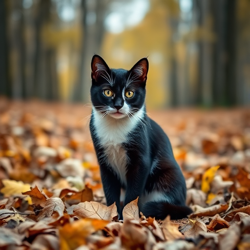 A black and white cat sitting among fallen leaves in a forest, shallow depth of field, 50mm lens, f/1.8 aperture, ISO 200, natural light, DSLR camera, portrait view.