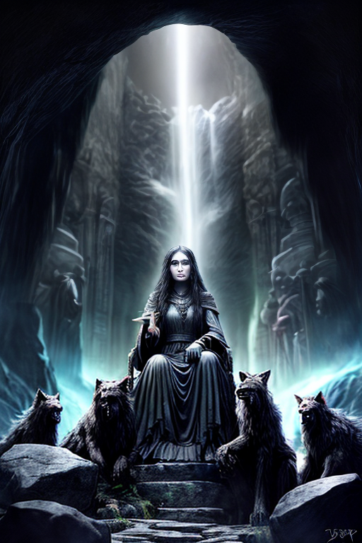 Dark Fantasy, pale druid woman with long black hair, pitch black eyes ...