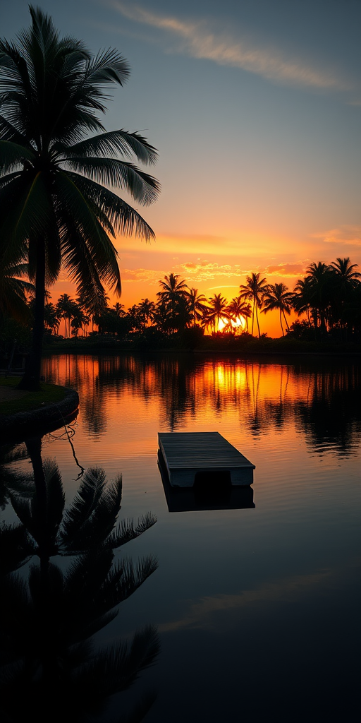 A serene tropical sunset scene with a calm, reflective lake, featuring silhouettes of palm trees and a small dock, captured with a high-resolution DSLR camera at f/8 aperture, 1/125 sec shutter speed, ISO 100, in landscape mode for optimal clarity and depth.