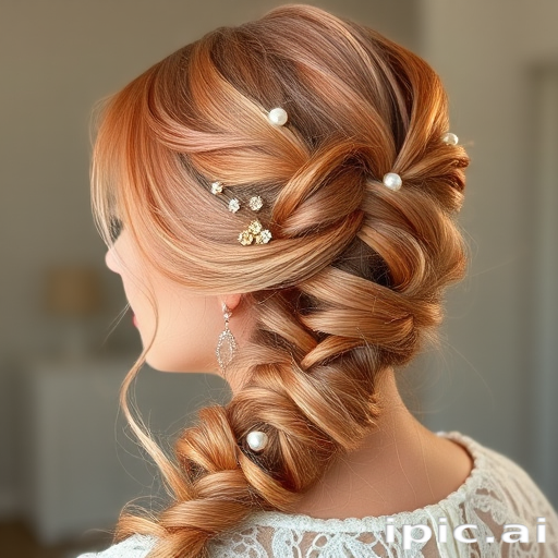 Luminous rose gold-haired beauty with a romantic, side-swept fishtail braid adorned with delicate pearl pins