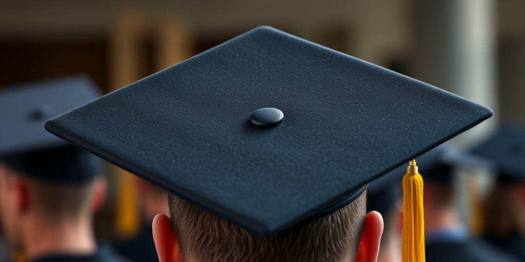 Create a high-resolution depiction of a graduation cap with a clean design, using a Canon EOS R5 camera at f/4 aperture, ISO 100, and a 50mm lens, shot from a straight-on view with soft natural lighting to enhance details and contrast.