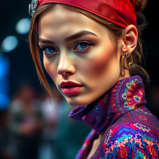 Runway capture, a beautiful model, vibrant colors, metallic textures, high fashion editorial , a 100mm macro lens to get extreme close-ups of intricate details like fabric stitching, accessories, or makeup artistry