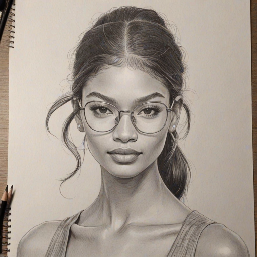 Fetching Chanel Iman, pencil sketch, portrait of Captivating woman 1971s in glasses, hair style beatnik, outline, clear lines, fine lines, 8k