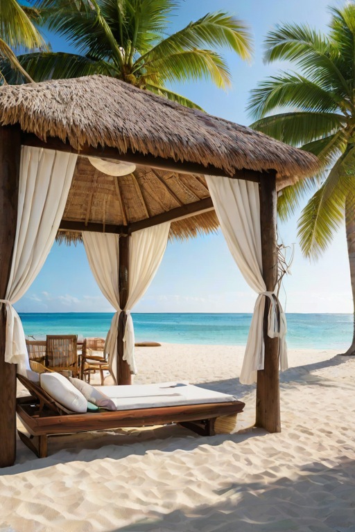 Create a picturesque tropical beach scene featuring a serene, white sandy shore. In the foreground, there's a rustic wooden canopy with white drapes gently flowing in the breeze. Underneath the canopy, a table is set with tropical decor, evoking a sense of relaxation and leisure. The beach extends into a calm, shallow water area with reflections of the sky and surroundings. Palm trees and lush greenery line the edge of the beach, providing a natural, tropical backdrop. The sky is clear with a few scattered clouds, and the overall atmosphere is tranquil and inviting, perfect for a peaceful retreat.