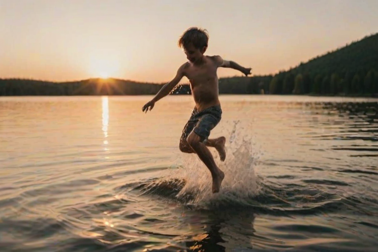 Blurry action shot of a boy jumping into a lake from a wooden dock at dusk, water splashing into the air, with the soft glow of the setting sun reflecting off the rippling surface.