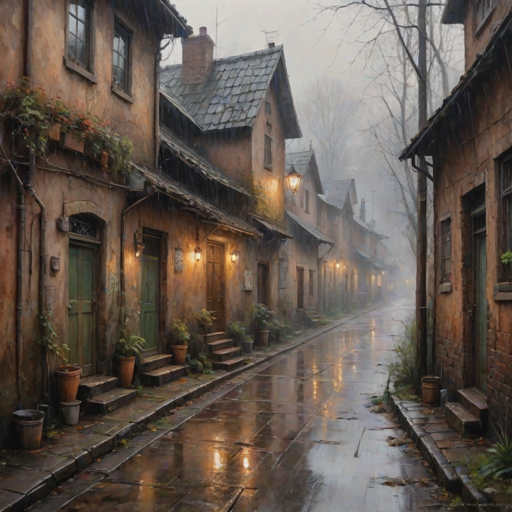 rainy day house painting, fine art painting, fantasy art, 4K, 3D, HDRi, detailed oil painting, high definition art, expressive rustic oil painting, foggy alley, soft focus