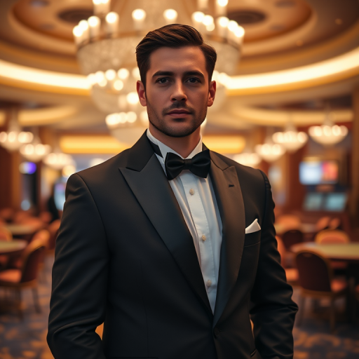 portrait of a man in a tuxedo standing in a luxurious casino, soft lighting, 50mm lens, f/1.8 aperture, ISO 200, shallow depth of field, DSLR camera, high resolution