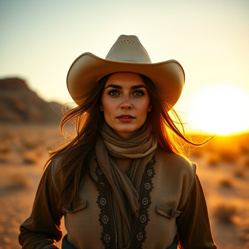 Dramatic photo of a beautiful Druze woman, classic cowboy attire, confident and free spirit expression, half-length portrait, centered, golden hour desert landscape, warm, diffused light, low angle, medium format film camera, in style of Annie Leibovitz.