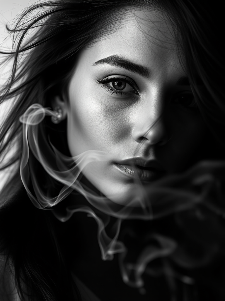 Portrait of a woman with flowing hair and smoke swirling around her face, soft lighting, high contrast, DSLR camera, 85mm lens, aperture f/1.8, ISO 100, shoot in RAW, low angle view, dramatic black and white.
