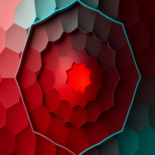 Generate a high-resolution abstract image of a hexagonal pattern with a gradient from red at the center to teal at the edges, using a Canon EOS 5D Mark IV camera, aperture f/8, shutter speed 1/60s, ISO 100, with a wide-angle lens at 24mm to enhance depth and detail.