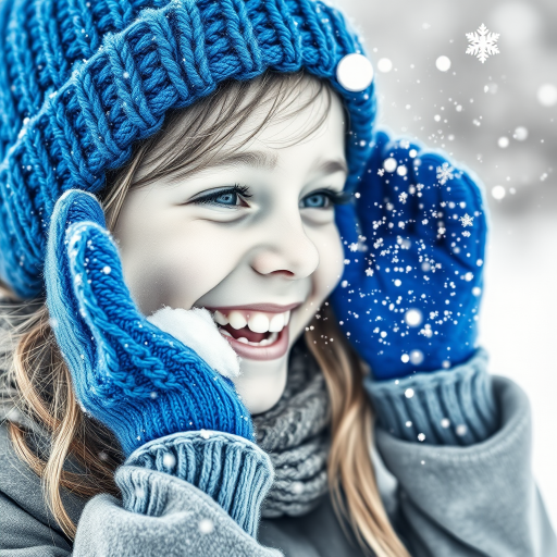 A hyperdetailed photorealistic macro image black and white pencil sketch of a young girl getting hit by a snowball during a snowball fight. She is wearing a brilliant sapphire blue wool beanie and bright blue mittens. She is trying to block the snowball by putting her hands up. The snowball hits her beanie and disintegrates into myriad tiny snowflakes caught with high speed photography. The girl is laughing and having a wonderful time.