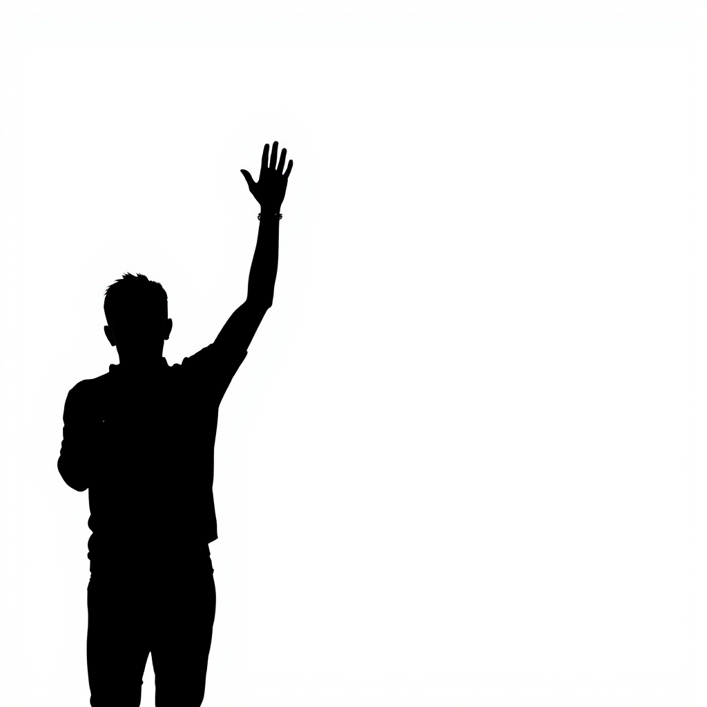 Generate a minimalist black silhouette of a person standing with their arms raised on a plain white background, using a DSLR camera with a 50mm f/1.8 lens, aperture set to f/2.8, ISO 100, and shutter speed of 1/250 sec, captured from a frontal view in natural daylight for enhanced clarity.