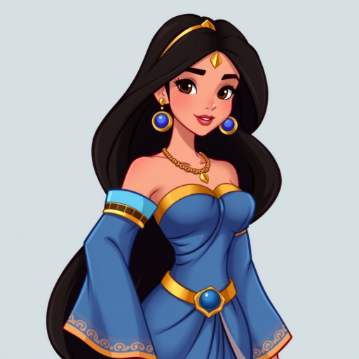Create an illustration of an animated princess jasmine of aladdin with long dark hair, wearing a detailed flowing blue outfit and gold accessories. She stands confidently, exuding charm and grace.