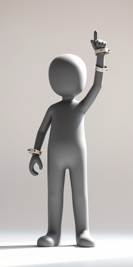 Generate an image of a stylized gray figure standing upright with one hand raised and wearing handcuffs, captured with a DSLR camera at f/2.8, ISO 100, 50mm lens, in soft natural lighting, with a shallow depth of field to enhance focus on the figure while softly blurring the background.