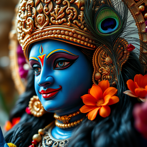 Regenerate a highly detailed image of a blue-skinned deity adorned with a golden crown, peacock feather, and floral decorations, captured in vivid colors and sharp focus, using a DSLR camera at f/2.8 aperture, 50mm lens, ISO 100, and soft lighting, with a shallow depth of field to emphasize intricate details.