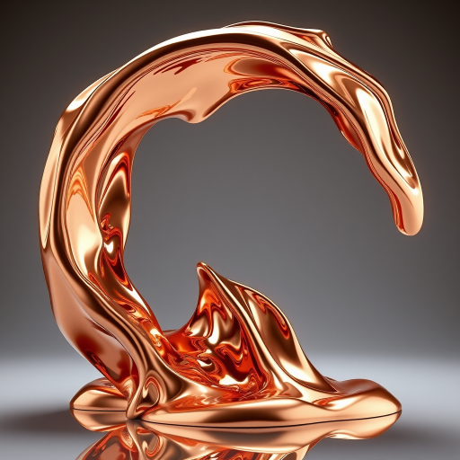 Create a hyper-realistic 3D rendering of a flowing copper liquid sculpture, captured with a DSLR camera at f/2.8, ISO 100, 50mm lens, in soft lighting, and from a low angle to emphasize the texture and reflections.