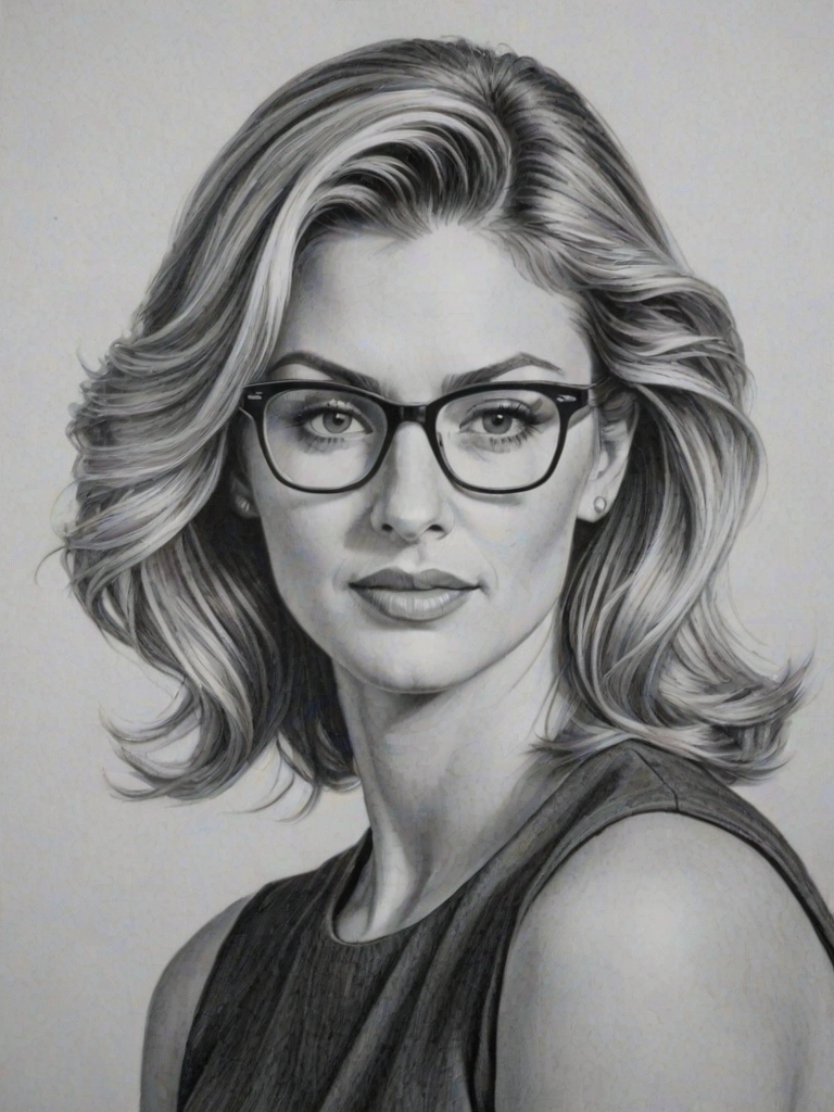 Radiant Erin Andrews, pencil sketch, portrait of Pleasing woman 1953s in glasses, hair style beatnik, outline, clear lines, fine lines, 8k