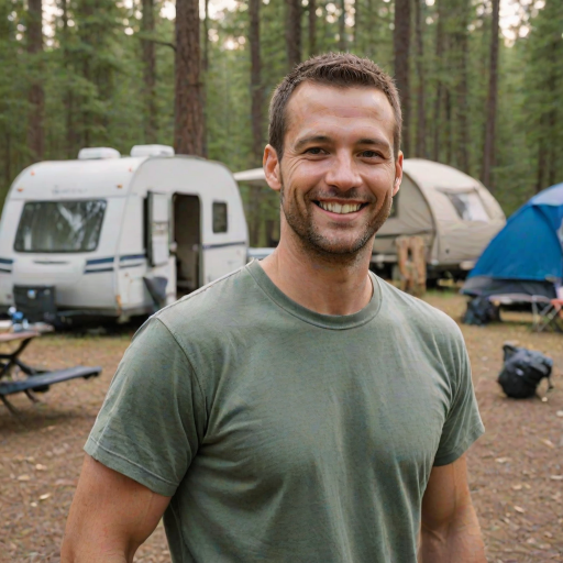 professional photograph, some guy, 35 year old man, crew cut, at a campsite, smiling at viewer, friendly<lora:Some_Generic_Rando_Dude_SDXL:1>