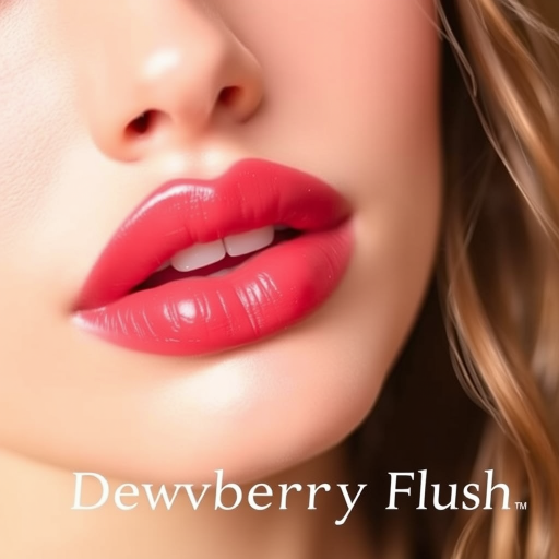 Sheer raspberry lips with a water-tint finish, titled "Dewberry Flush," exhibit a natural-looking stain and fresh, hydrated appearance for a youthful glow