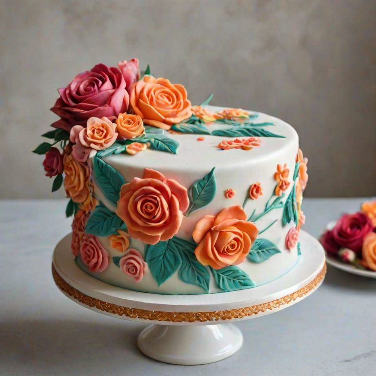 Generate an image of a beautifully decorated cake featuring vibrant floral designs made from icing. The cake should have layers and be adorned with roses and other flowers in shades of red, orange, and cream. It should be presented on a white cake stand, with a simple and elegant background.
