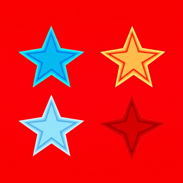 Create a high-resolution vector image of four stylized stars in different colors: top left blue, top right red, bottom left light blue, bottom right dark red, using a Canon EOS 5D Mark IV, f/8 aperture, 1/60s shutter speed, 50mm lens, and vibrant colors with smooth gradients.