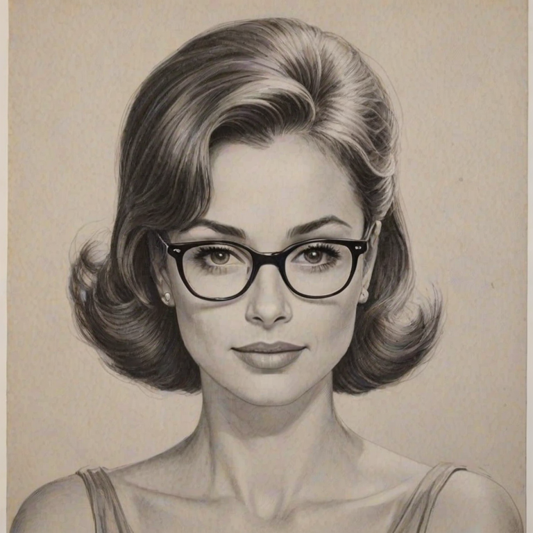 Stunning Freddie Prinze Jr., pencil sketch, portrait of Delightful woman 1959s in glasses, hair style beatnik, outline, clear lines, fine lines, 8k