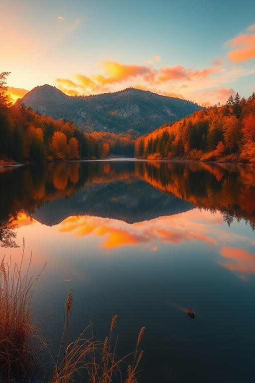 Generate a serene landscape at sunset with vibrant orange and yellow hues reflecting in a calm lake surrounded by autumn trees, taken with a Canon EOS R5, 24mm lens, f/8 aperture, ISO 100, 1/125s shutter speed, shot from a low angle to capture the reflective quality of the water.