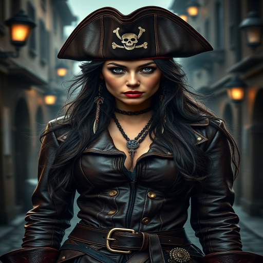 Create a portrait of a fierce female pirate. She wears a leather tricorn hat adorned with a skull and crossbones emblem, and her long, dark hair flows around her face. Her outfit consists of a richly detailed leather jacket, a corset, and multiple layers of belts and accessories, giving her a formidable and stylish appearance. She stands confidently in a dimly lit, historic port town, with a backdrop of weathered buildings and cobblestone streets, capturing the adventurous spirit of a pirate.