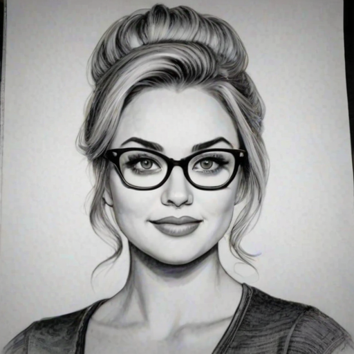 Comely Tiffany Thornton, pencil sketch, portrait of Alluring woman 1958s in glasses, hair style beatnik, outline, clear lines, fine lines, 8k
