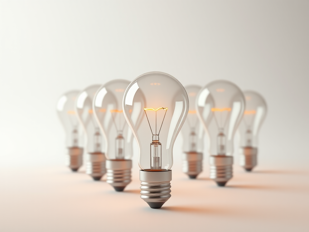Create a high-resolution 3D render of a row of light bulbs with one glowing bulb in the center, using a Canon EOS R5 camera, 50mm lens, f/1.8 aperture, ISO 100, and a 1/60 sec shutter speed, with soft studio lighting and a plain background to enhance focus on the bulbs.