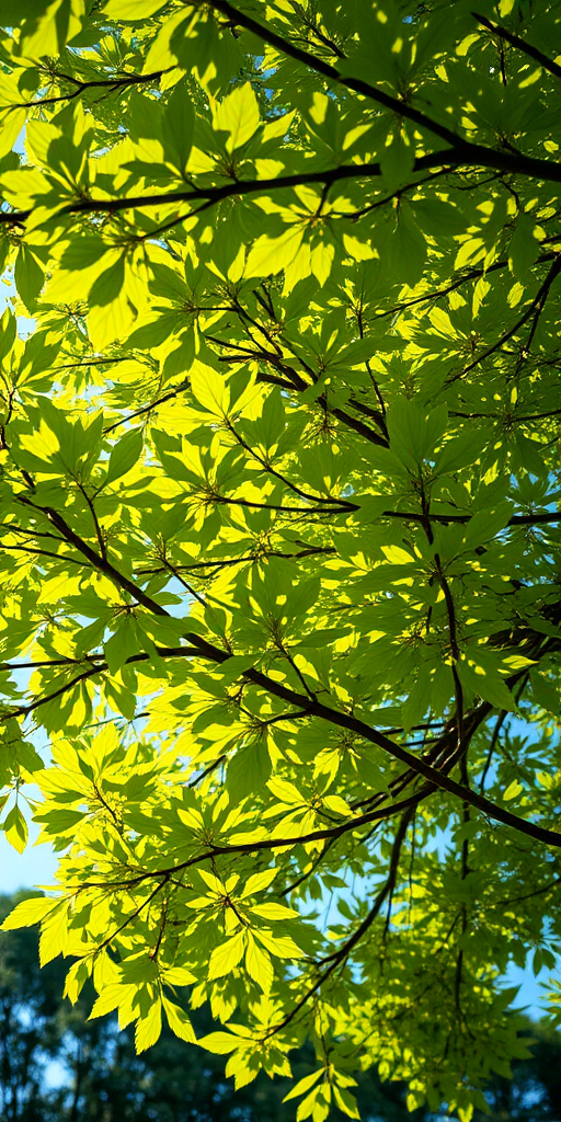 Create a vibrant illustration of a leafy green tree, shot from a low angle with a 50mm lens at f/8 for depth of field, using a digital camera with vibrant color settings.