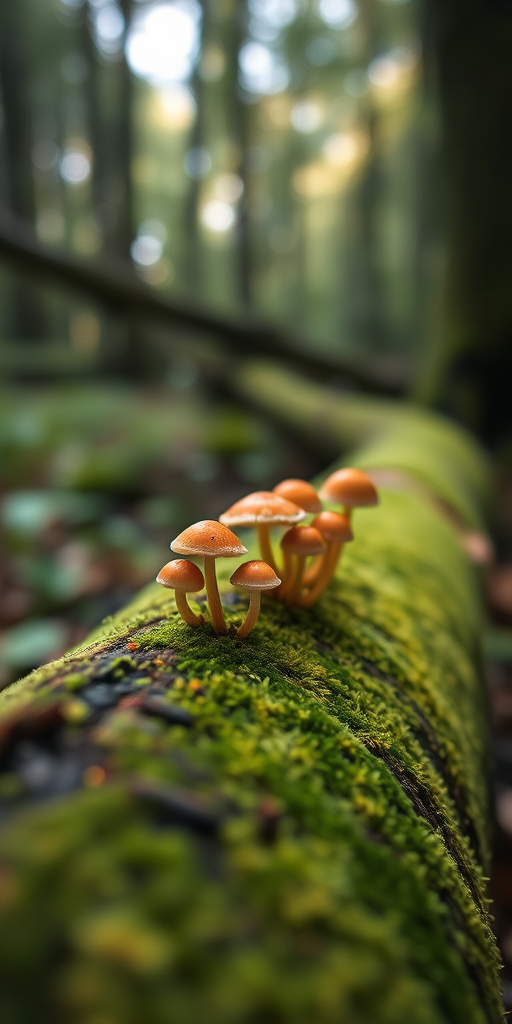 a close-up shot of small mushrooms on a mossy log in a lush forest with soft bokeh in the background, taken with a DSLR camera at f/2.8 aperture, 100mm lens, ISO 200, natural lighting, shallow depth of field