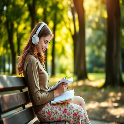 a young woman sitting on a park bench writing in a notebook, wearing headphones, surrounded by nature, soft sunlight filtering through trees, shallow depth of field, f/2.8 aperture, 50mm lens, ISO 100, shot on a DSLR camera, natural daylight, vibrant colors, focus on the subject with a blurred background